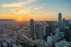 a sunset falling over a city