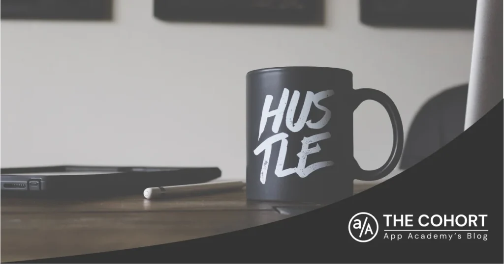 coffee mug with the word "hustle" on it
