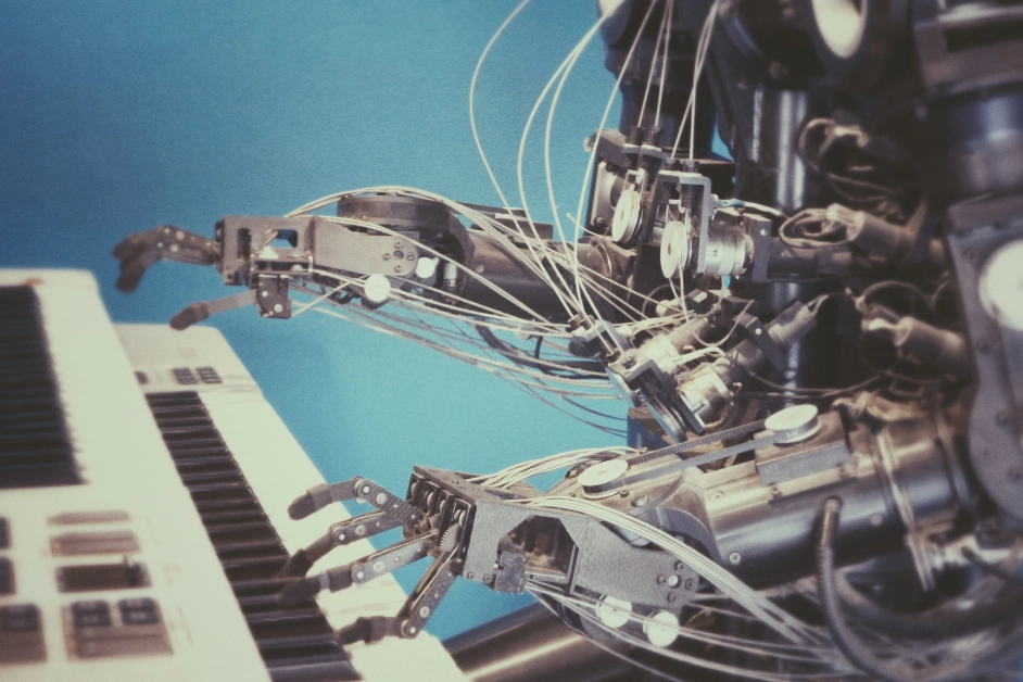 a robot sitting down playing keys