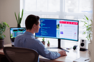 man working from desk at home office with monitors